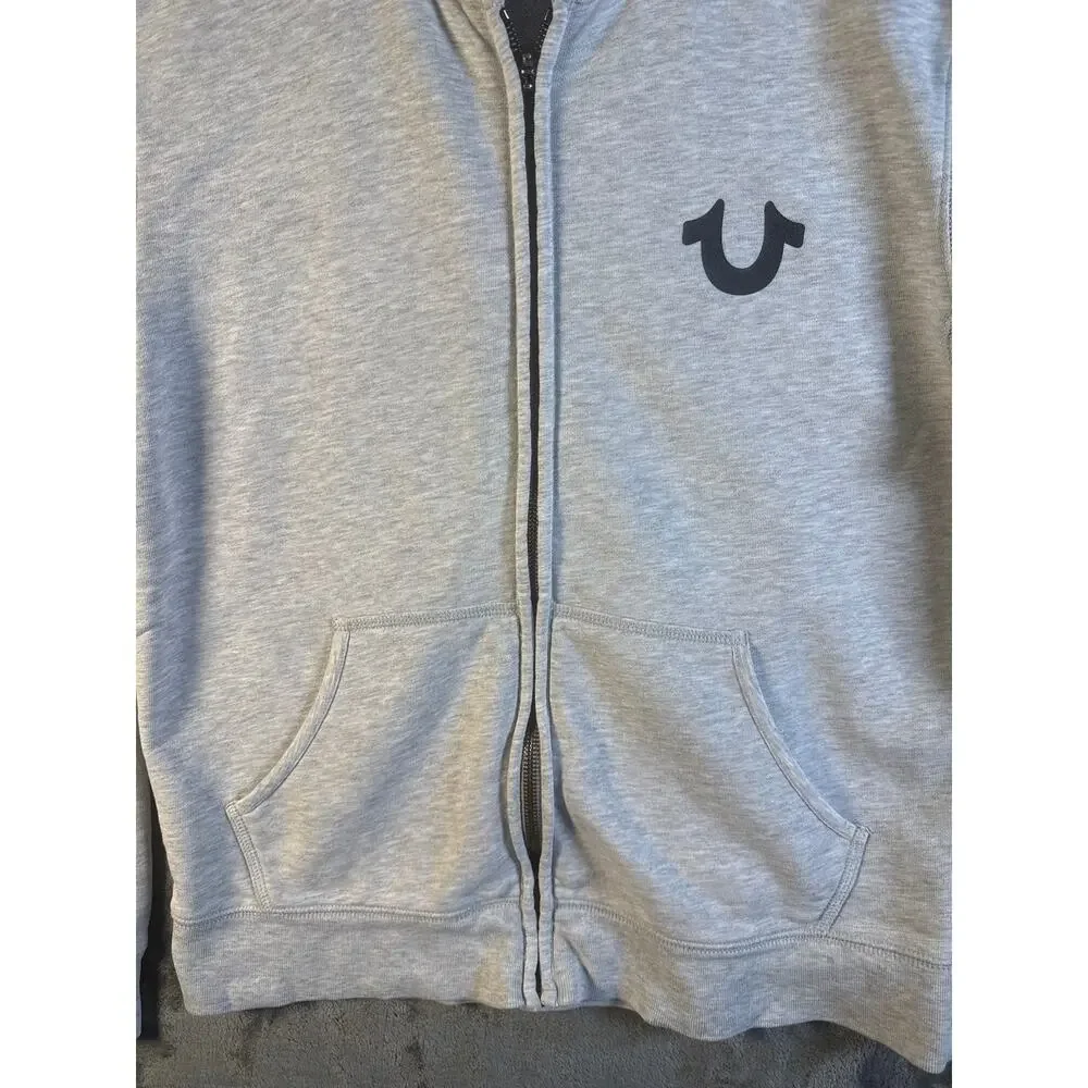True Religion Mens Zip Up Hoodie Medium Heather Grey Embroidered Horseshoe Logo